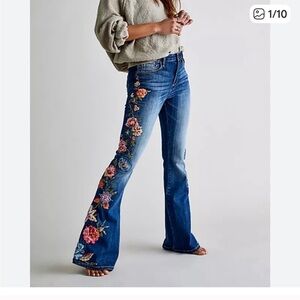 Driftwood Blue Embroidered Flared Jeans